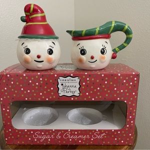 New Johanna Parker Red and Green Snow Man Sugar & Creamer Set